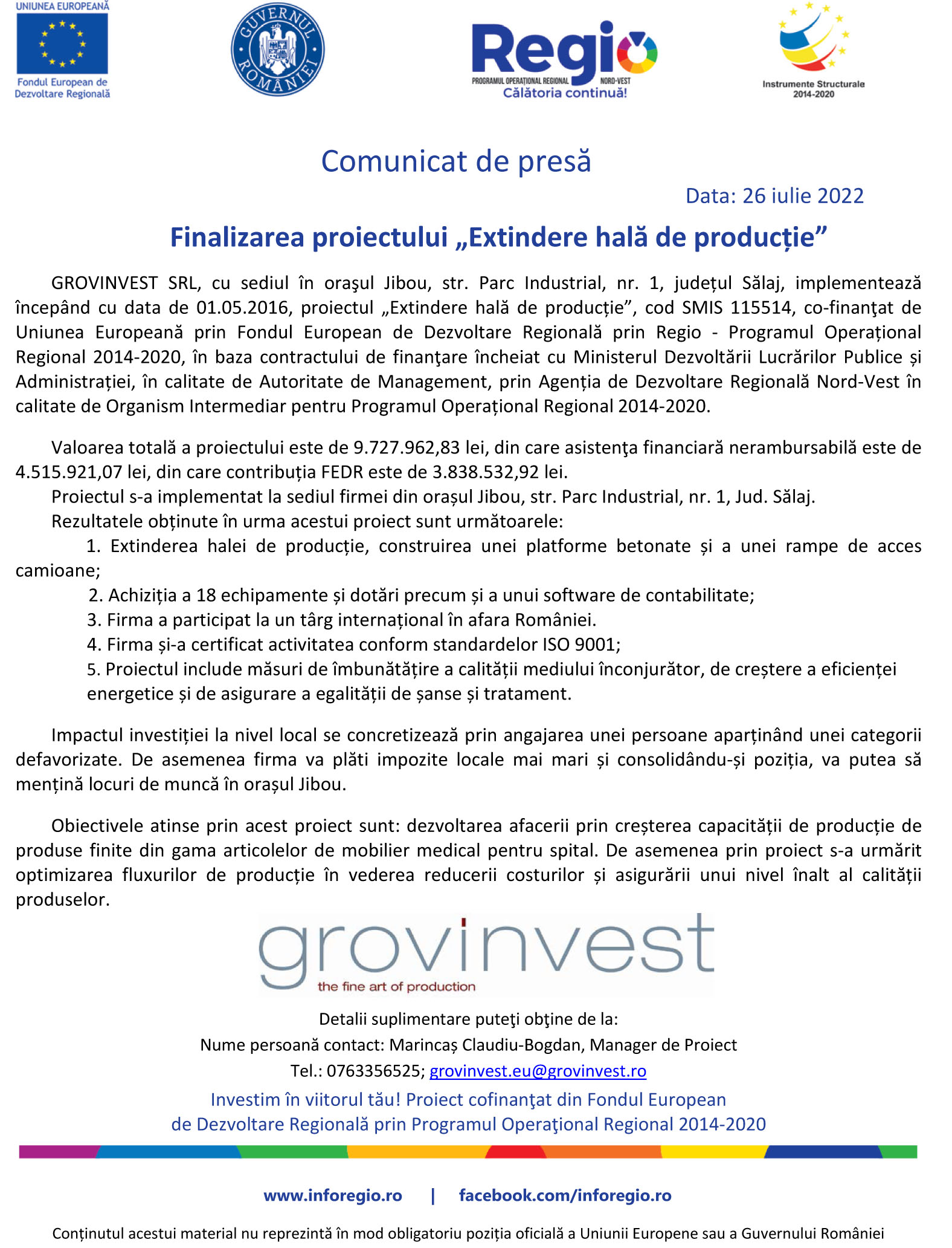 Finalizarea proiectului „Extindere hală de producție”