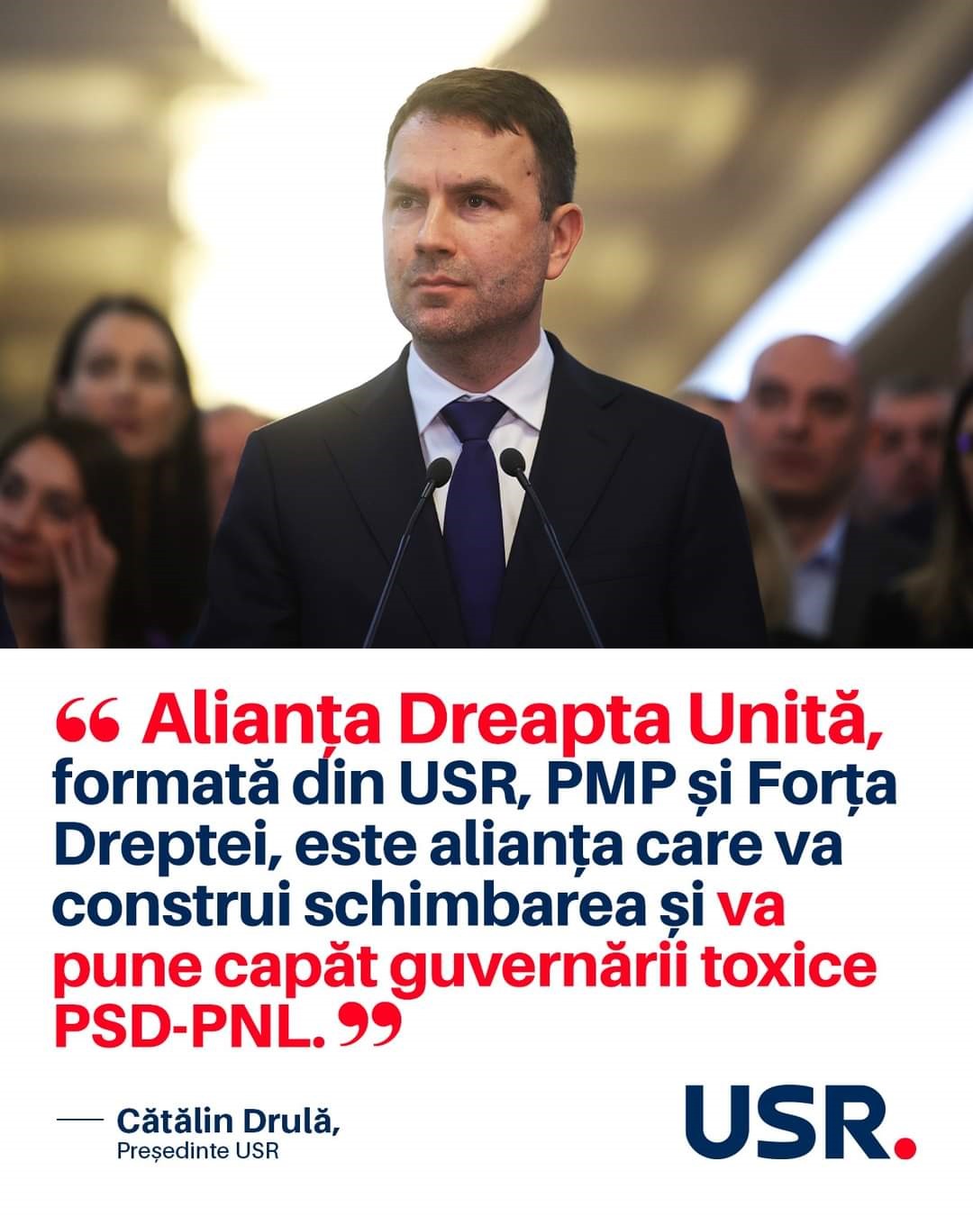 Cătălin Drulă, președintele USR: Astăzi, în România, dreapta s-a unit. Am lansat Alianța Dreapta Unită, alături de PMP și Forța Dreptei.