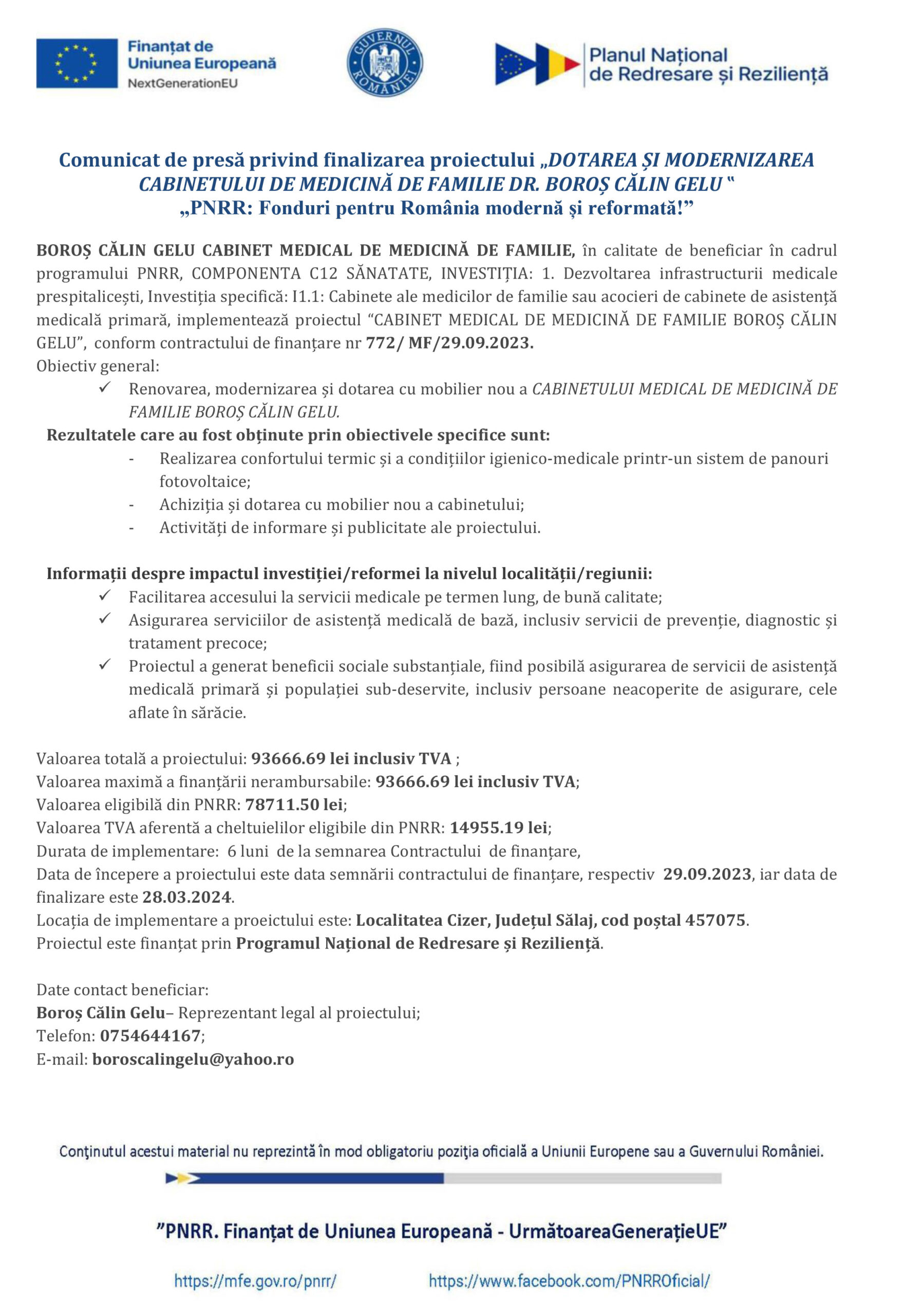 Comunicat de presă privind finalizarea proiectului „DOTAREA ȘI MODERNIZAREACABINETULUI DE MEDICINĂ DE FAMILIE DR. BOROȘ CĂLIN GELU ‟