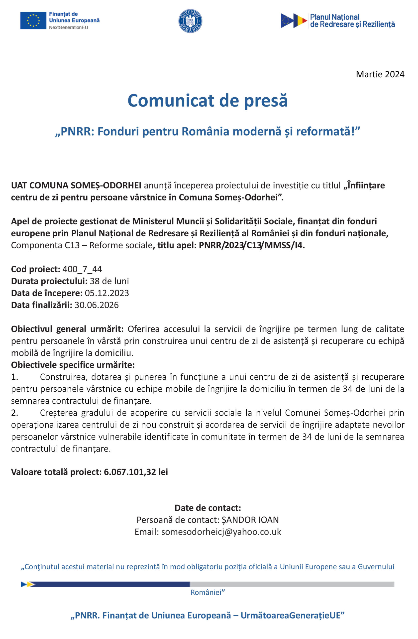 Comunicat de presă „PNRR: Fonduri pentru România modernă și reformată!” UAT COMUNA SOMEȘ-ODORHEI