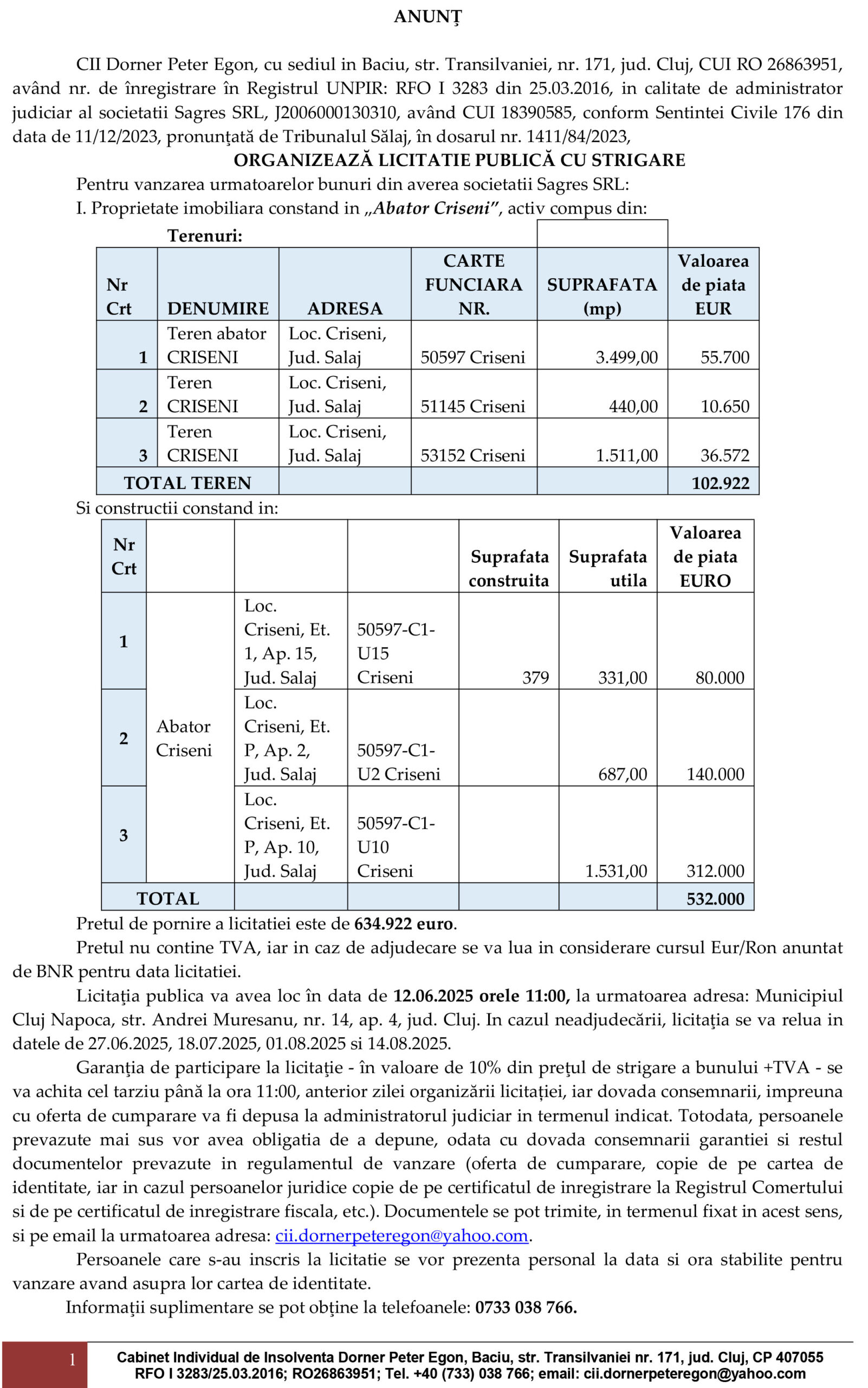 ANUNȚ PRIVIND VÂNZAREA UNUI ABATOR