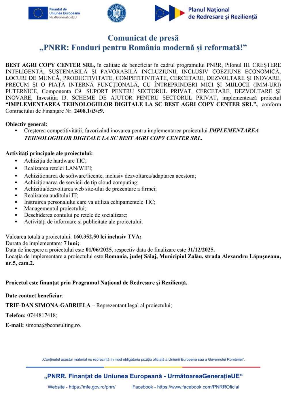 Comunicat de presă BEST AGRI COPY CENTER SRL - demarare