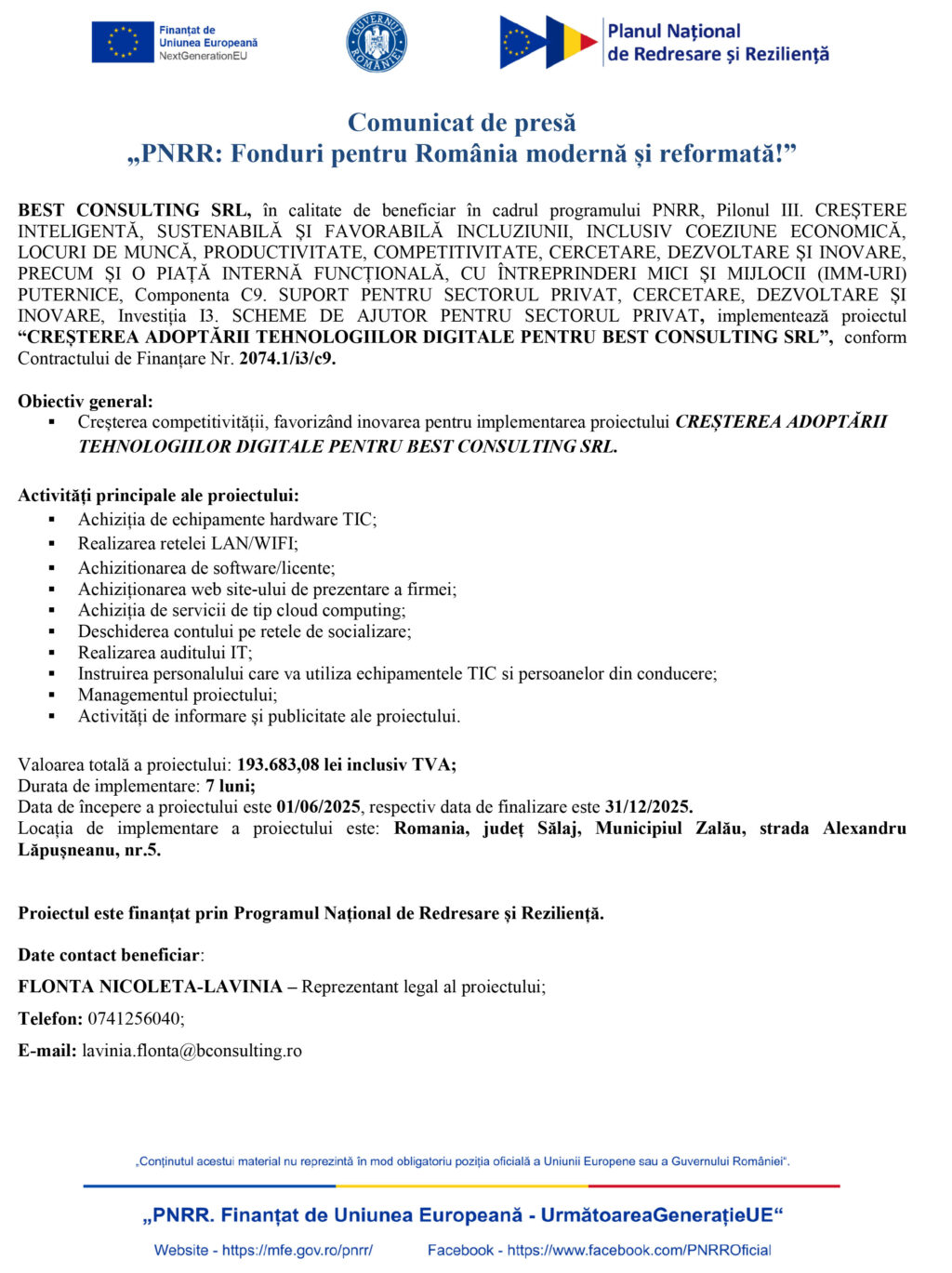 Comunicat de presă BEST CONSULTING SRL - demarare