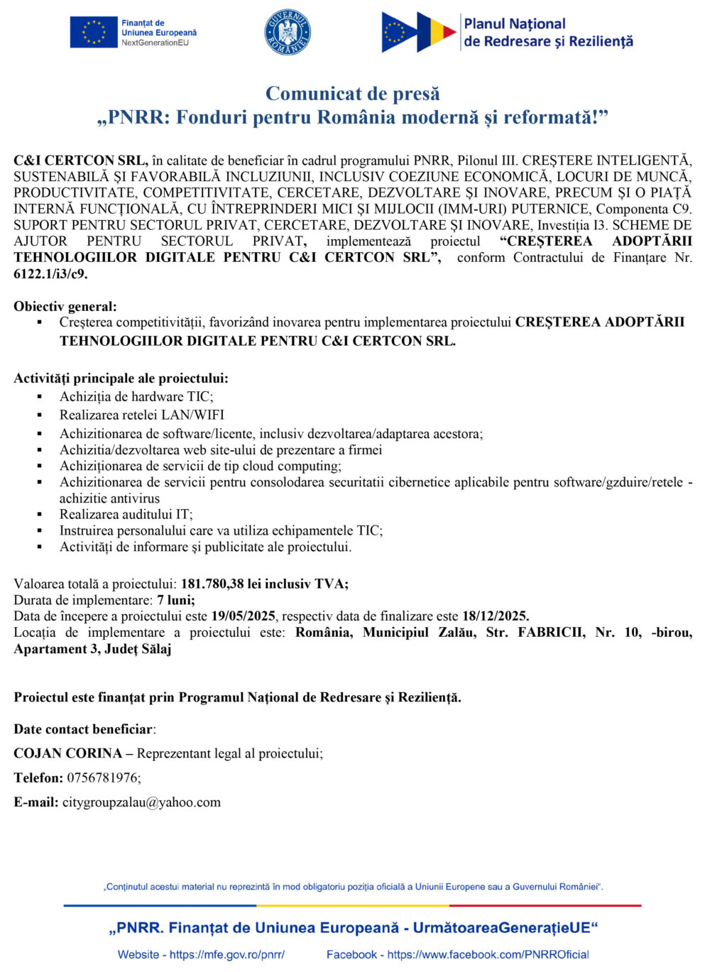 Comunicat de presă C&I CERTCON SRL - demarare