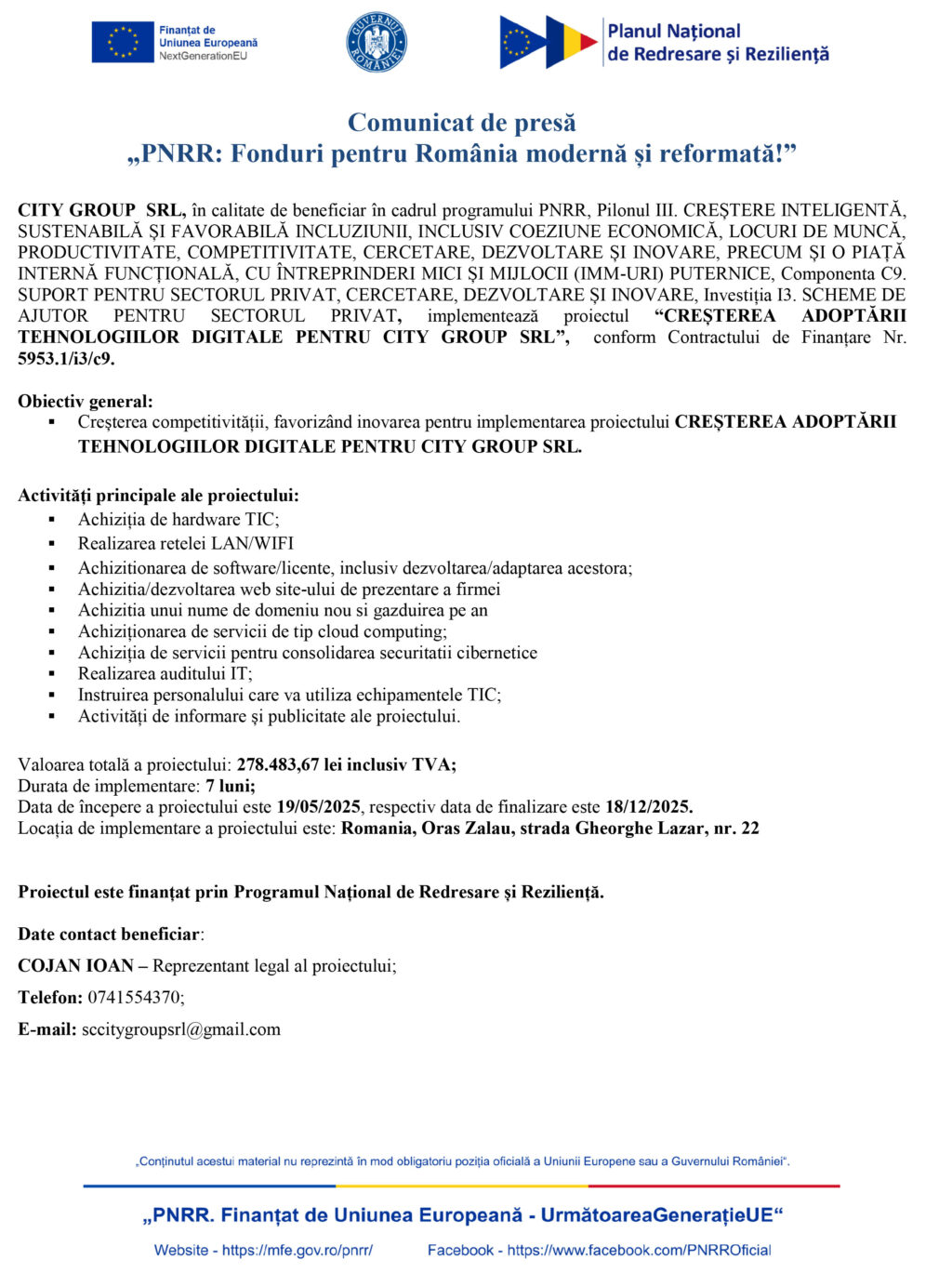 Comunicat de presă CITY GROUP SRL - demarare