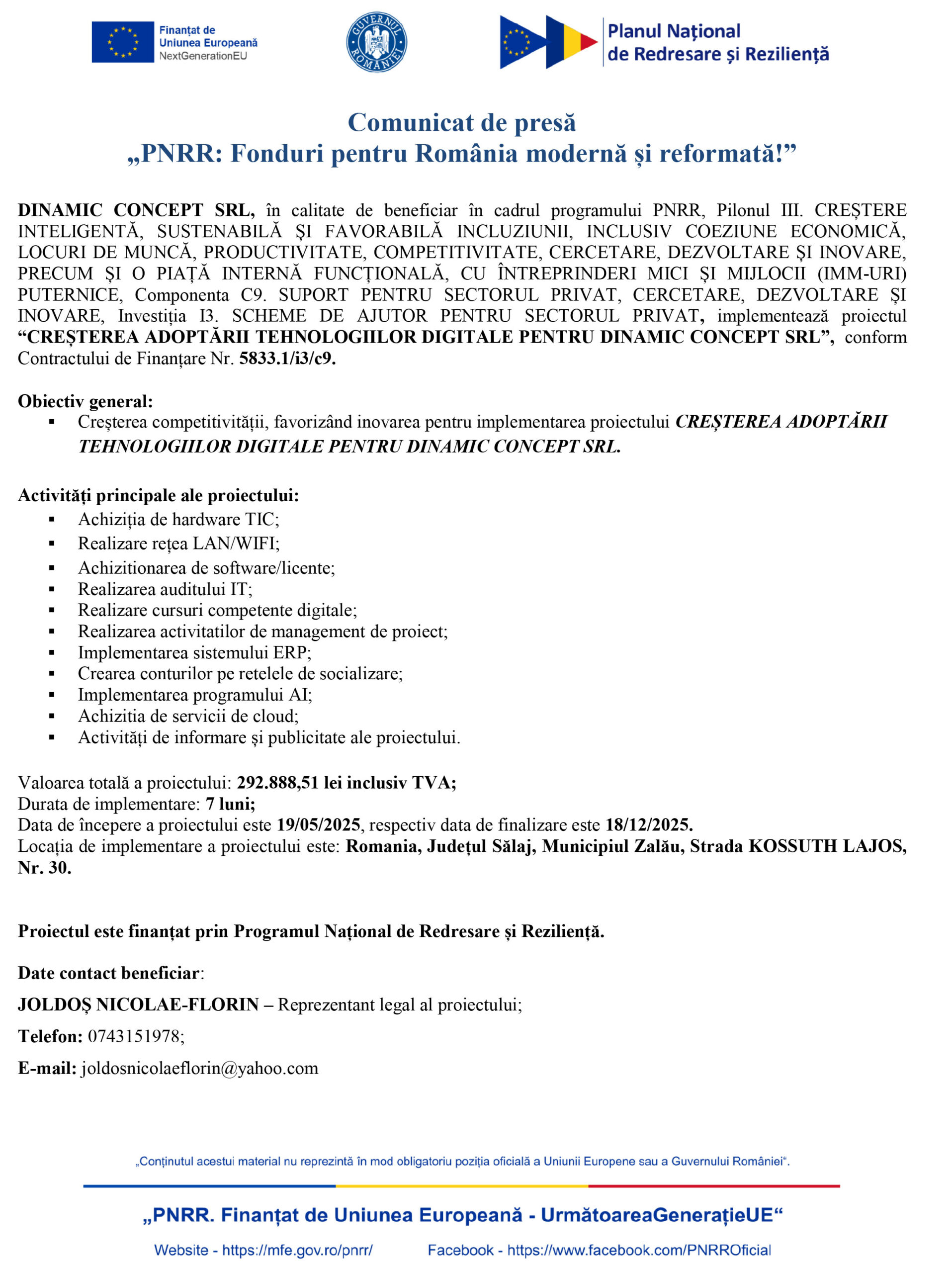 DINAMIC CONCEPT SRL anunță începutul unui nou proiect important