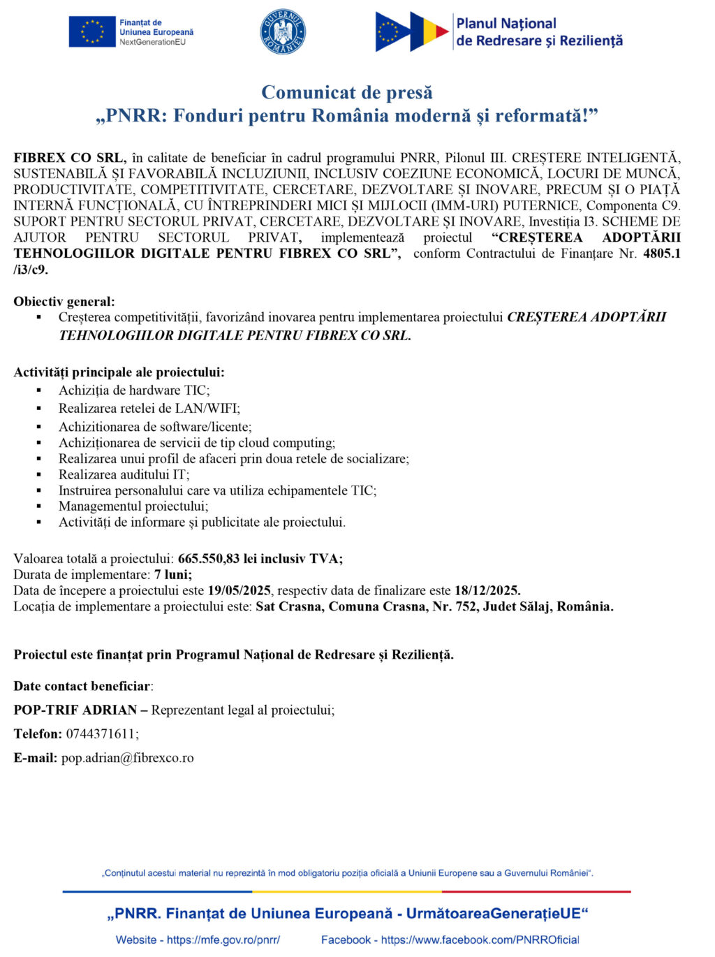 Comunicat de presă FIBREX CO SRL - demarare