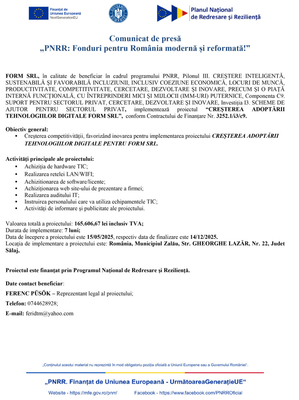 Comunicat de presă FORM SRL - demarare