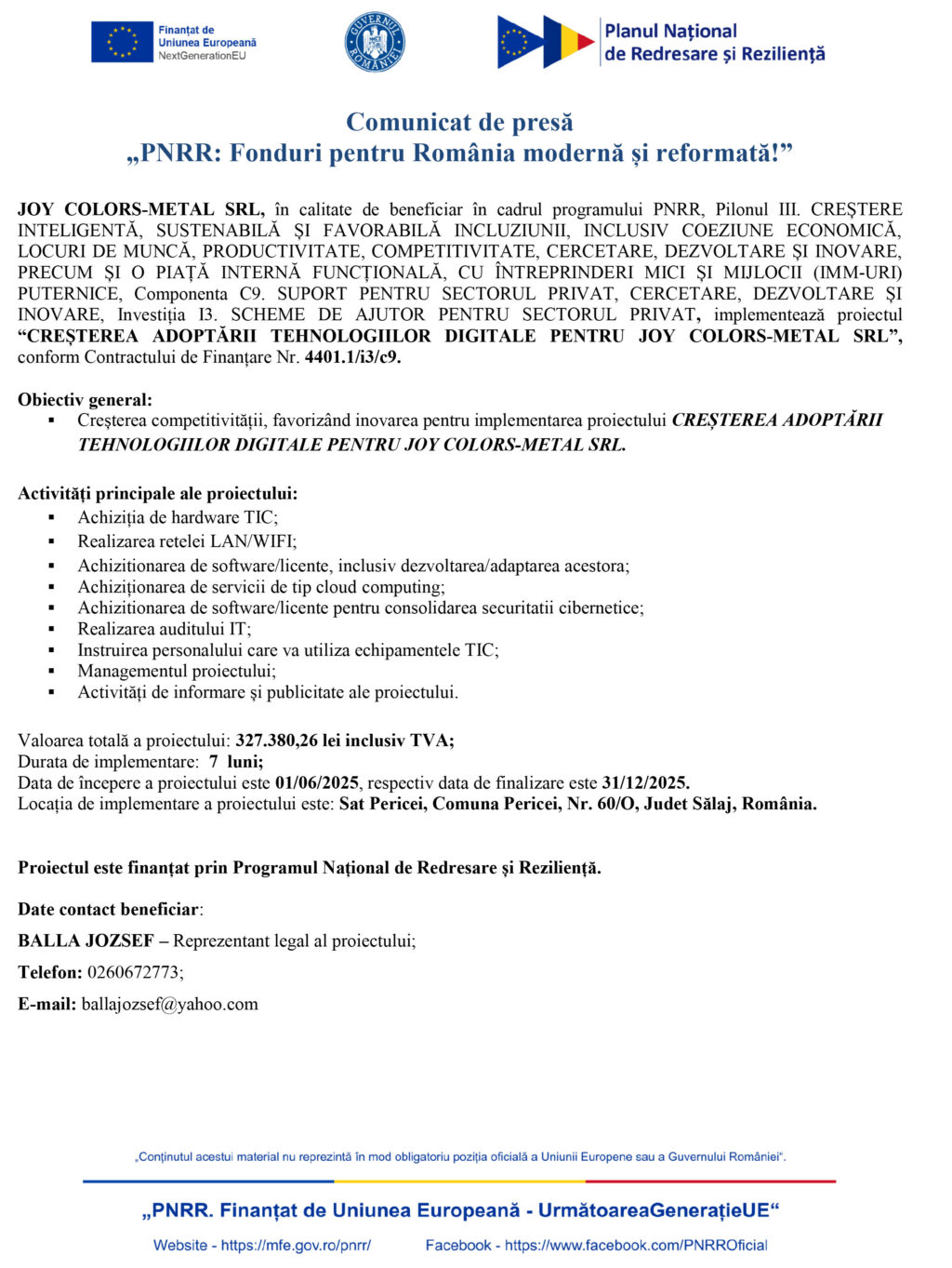 Comunicat de presă JOY COLORS-METAL SRL- demarare
