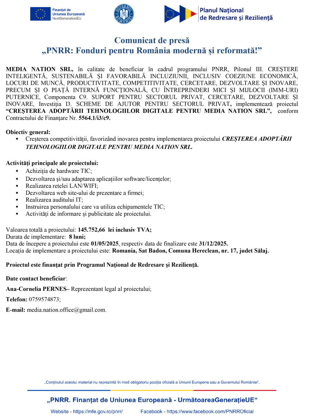 Comunicat de presă MEDIA NATION SRL- demarare