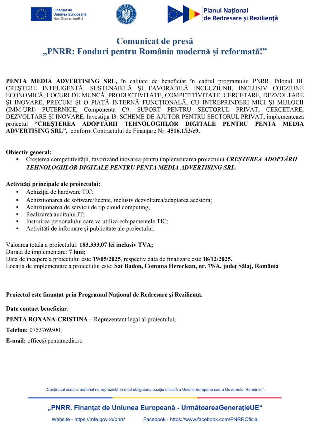 Comunicat de presă PENTA MEDIA ADVERTISING - demarare