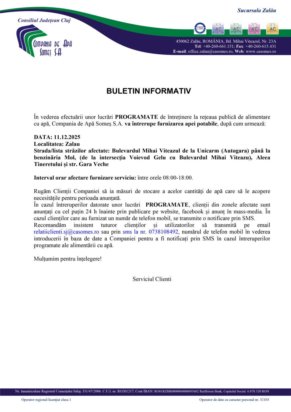 Buletin informativ intreruperi programate - B-vd.Mihai Viteazul (Unicarm - Mol) - 11.12