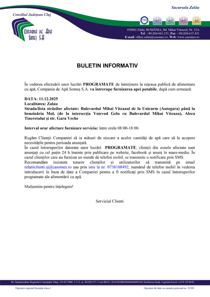 Buletin informativ intreruperi programate - B-vd.Mihai Viteazul (Unicarm - Mol) - 11.12