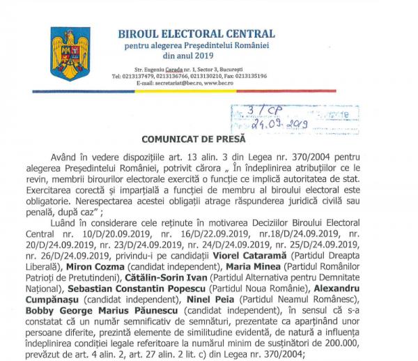 BEC sesiseaza Parchetul din cauza semnaturilor ‘similiare’ depuse de catre 8 candidati la Presedentia Romaniei