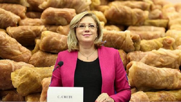 Europarlamentarul salajean Corina Cretu crede ca sarmalele sunt dacice. Dan Alexe : "senin basi aptallik sarmis" = "capul tau e invelit (sarmak, sarmis) in prostie"